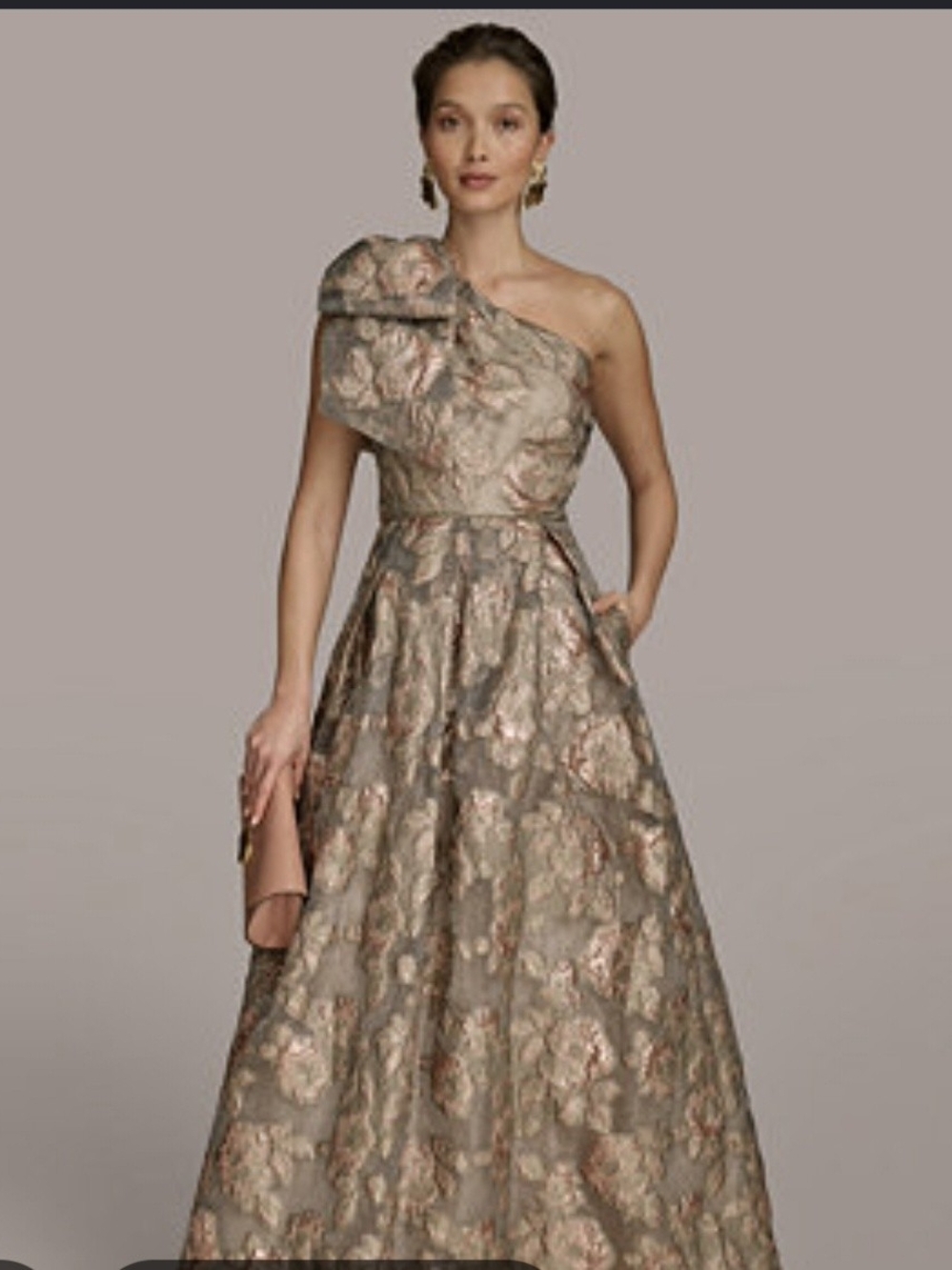 Donna Karan One-Shoulder Bow Floral Jacquard Gown